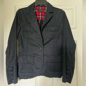 Navy blazer jacket with functional buttons and pockets